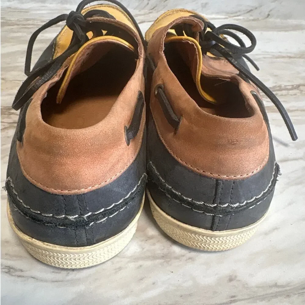 John Fluevog Vintage Yellow Black Leather Colorblock Boat Shoes Men's Size 9